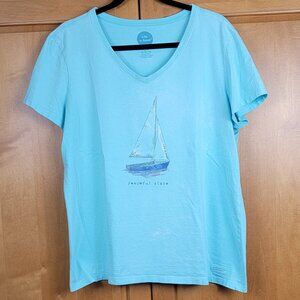 Life Is Good Light Aqua Crusher V-Neck Sailboat Peaceful State Tee - XL